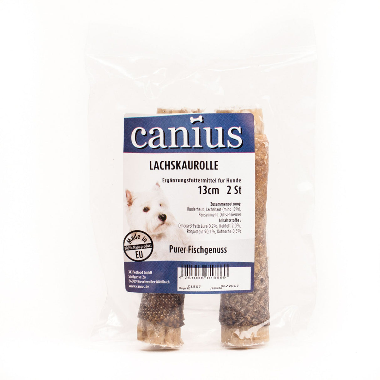 Canius Leckerli Hundesnacks EU Lachskauroll gefüllt 13cm 2er