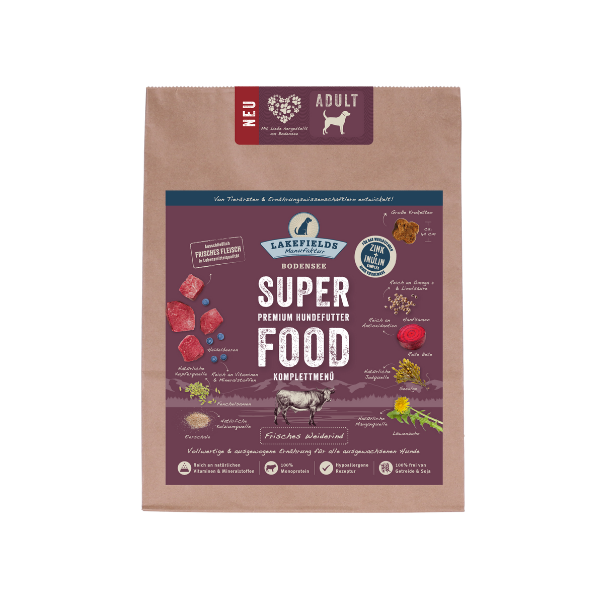 Trockenfutter Lakefields SUPERFOOD Premium WEIDERIND für ausgewachsene Hunde