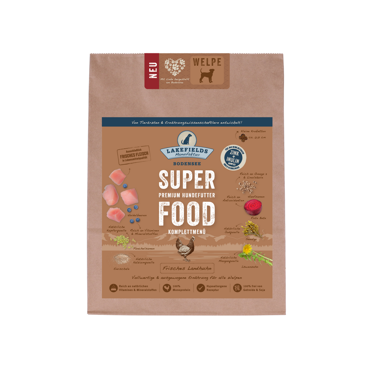 Trockenfutter getreidefrei Lakefields SUPERFOOD Premium LANDHUHN für Welpen