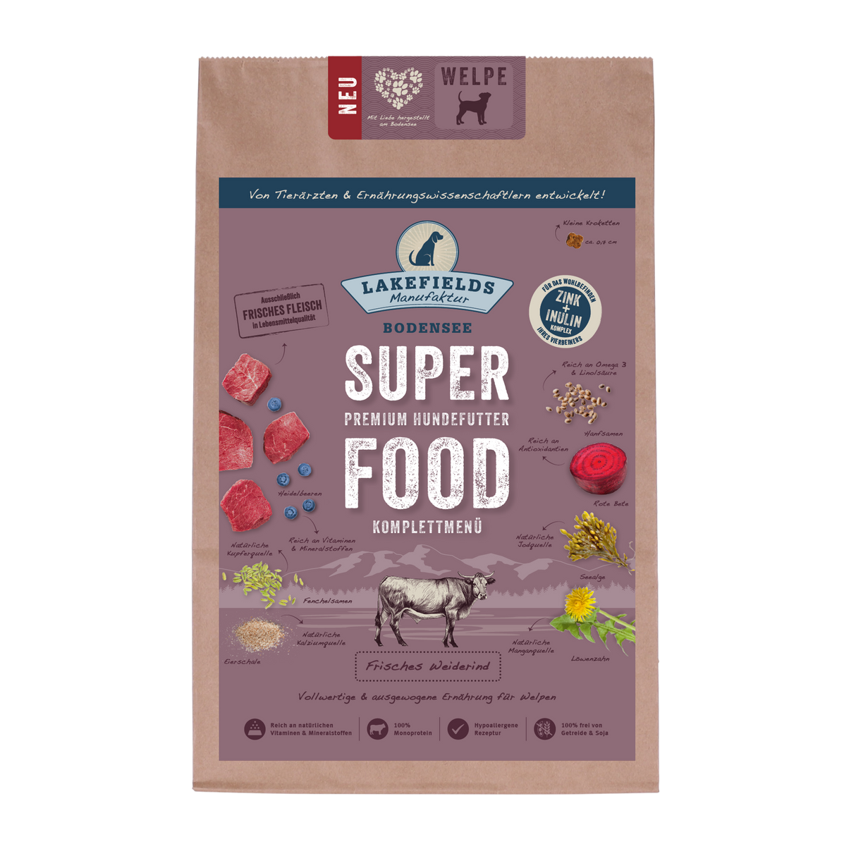 Trockenfutter getreidefrei Lakefields SUPERFOOD Premium WEIDERIND für Welpen