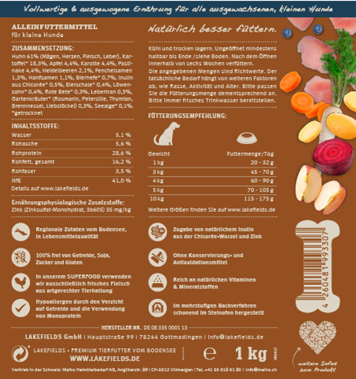 Trockenfutter Lakefields getreidefrei SUPERFOOD Premium LANDHUHN für kleine Hunde