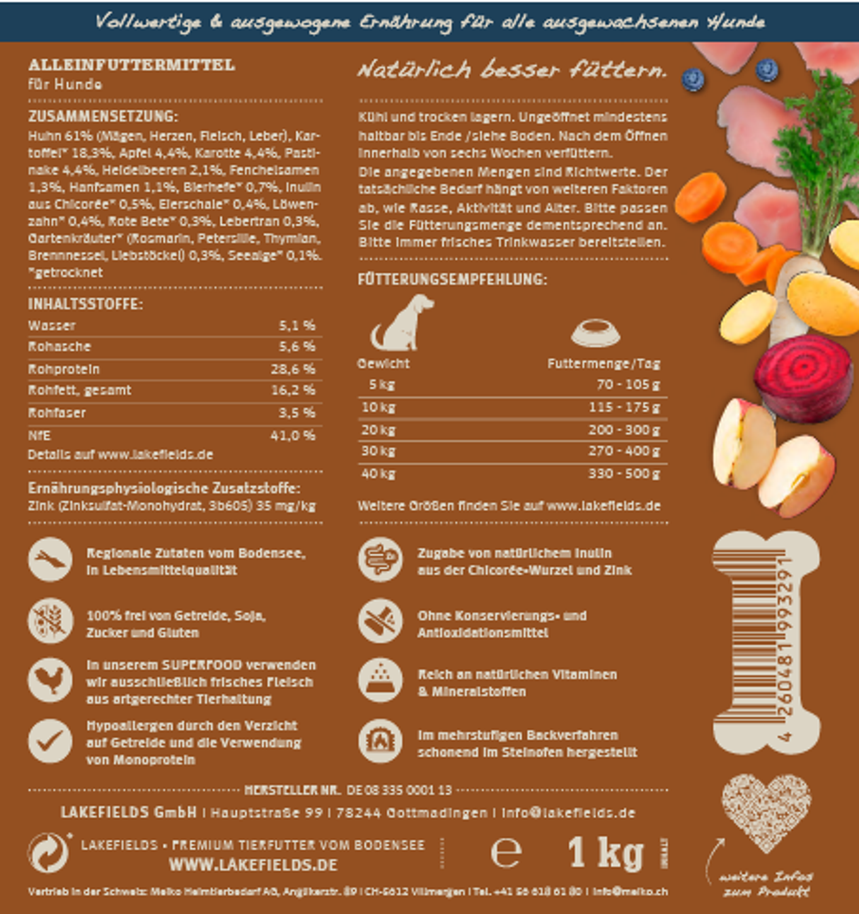 Trockenfutter getreidefrei Lakefields SUPERFOOD Premium LANDHUHN für ausgewachsene Hunde