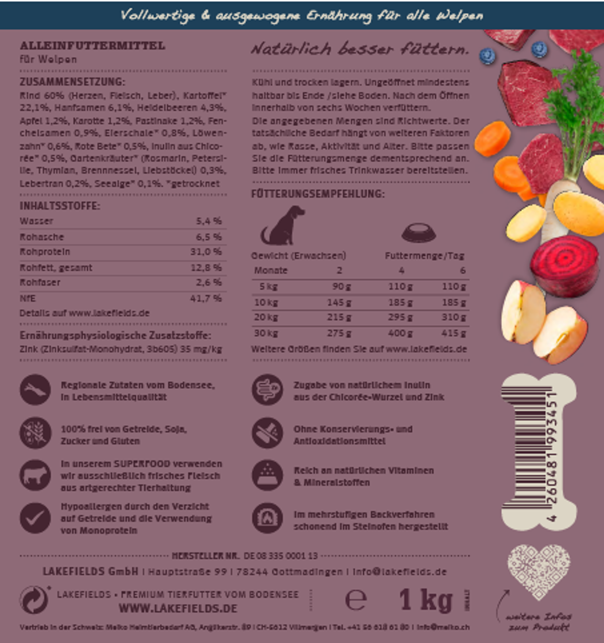 Trockenfutter getreidefrei Lakefields SUPERFOOD Premium WEIDERIND für Welpen
